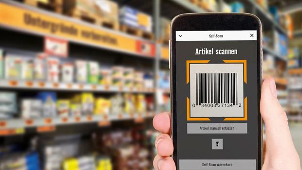 Laut dem EHI hat sich die Zahl der Self-Checkout und Self-Scanning-Systeme im deutschen Einzelhandel in den letzten zwei Jahren mehr als verdoppelt. Im Bild beispielhaft die Self-Scanning-App von Hornbach.