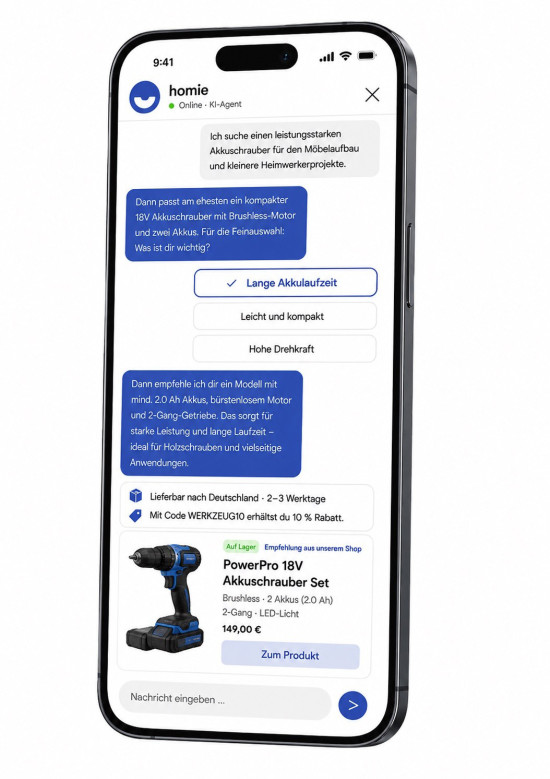 Das Beratungstool ist auf den Endgeräten der Kundinnen und Kunden ebenso wie im stationären Handel auf Selbstbedienungsterminals und im Onlineshop einsetzbar. Das Beratungstool ist auf den Endgeräten der Kundinnen und Kunden ebenso wie im stationären Handel auf Selbstbedienungsterminals und im Onlineshop einsetzbar.