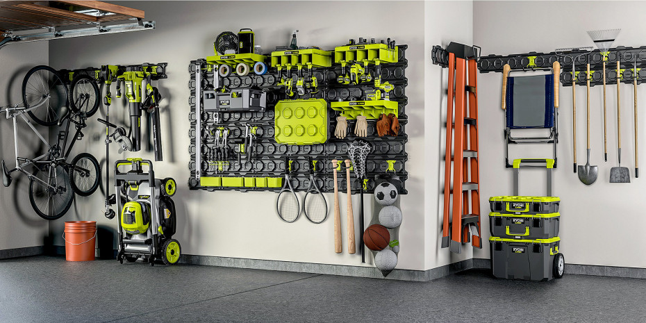 So schön sortiert kann mit dem Ryobi-Link-System der Werkzeug- und Maschinenpark in der Garage aussehen.