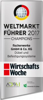 Die Fischerwerke GmbH & Co. KG wurden als Weltmarktführer Champion 2017 im Segment "Dübel und Befestigungssysteme" gelistet.