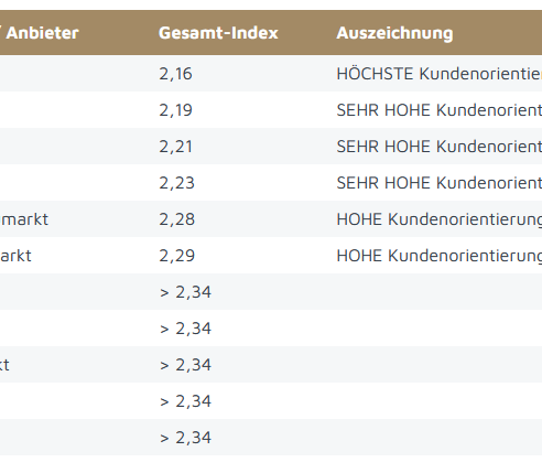 Service-Value: Ranking der Baumärkte nach Kundenorientierung. Der Mittelwert des Gesamt-Index für Baumärkte liegt derzeit bei 2,34.