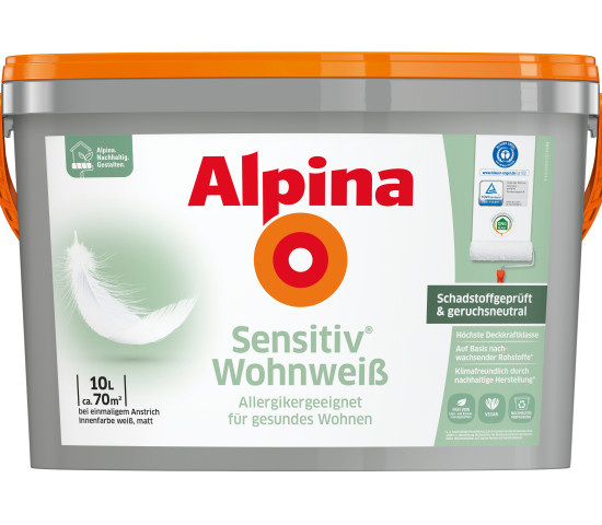 Die Innenfarben für gesundes Wohnen tragen das neue Nachhaltigkeits-Siegel von Alpina.