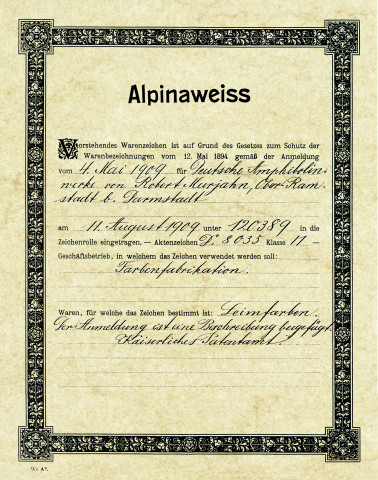 Beginn einer Erfolgsgeschichte: Alpinaweiß wird 1909 als Marke beim Kaiserlichen Patentamt in Berlin eingetragen.