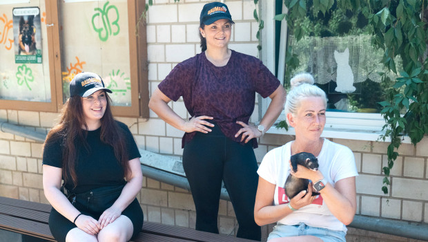 Sarah Schmitt und Christina Dräger vom Team Globus Baumarkt (v.l.) und Tierheimleiterin Sarah Kindel mit Frettchen Fee nutzten gleich die neue Sitzbank.