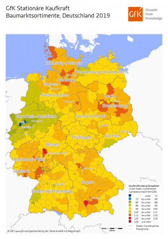 Auch im stationären Handel liegt die GfK-Kaufkraft in einigen Regionen im Westen deutlich unter dem Gesamtniveau.
