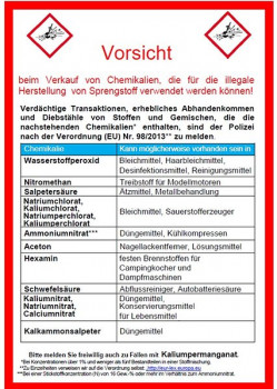 Die Handreichung des BKA listet 16 Chemikalien auf, bei deren Verkauf die Baumarktmitarbeiter besonders aufmerksam sein sollten. Die Handreichung des BKA listet 16 Chemikalien auf, bei deren Verkauf die Baumarktmitarbeiter besonders aufmerksam sein sollten.