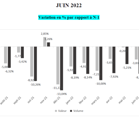 Baumärkte in Frankreich: Monatliche Veränderungsraten Umsatz und Volumen gegenüber Vorjahresmonaten.
