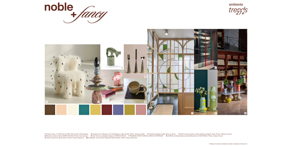 Noble + Fancy bringt elegante und ausgefallene, klassische und exzentrische Farben und Objekte mit historischen Techniken zusammen.