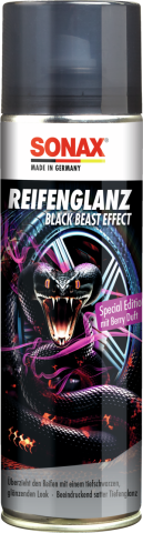 Der Impulsartikel „Sonax Reifenglanz Black Beast Effect“ soll mit einer besonderen Aufmachung überzeugen.