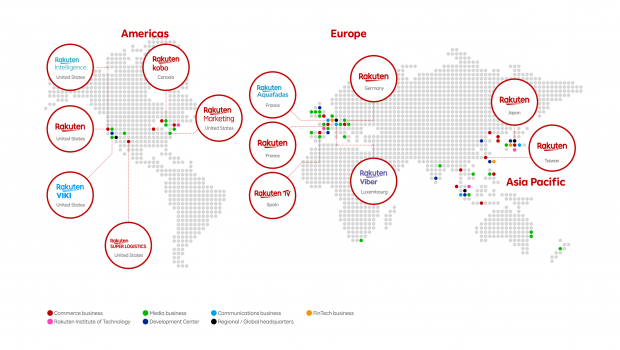 So verteilen sich die weltweiten Aktivitäten der japanischen Rakuten-Gruppe.