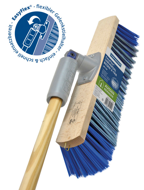 Der flexibel abknickbare Easy-Flex-Gelenkstielhalter erlaubt das Kehren auch unter Möbelstücken.  Der flexibel abknickbare Easy-Flex-Gelenkstielhalter erlaubt das Kehren auch unter Möbelstücken.