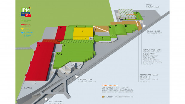 Das Messegelände in Essen wird zur IPM um zwei temporäre Hallen ergänzt.
