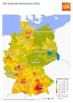 Die Karte der GfK verdeutlicht die Kaufkraftverteilung nach Stadt- und Landkreisen.
