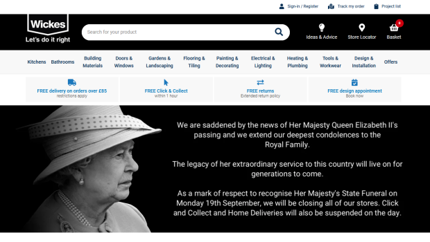 Aus Anlass des Todes von Queen Elizabeth II. ist die Website von Wickes wie die zahlreicher anderer britischer Unternehmen in Schwarz gehalten - einschließlich des Logos.
