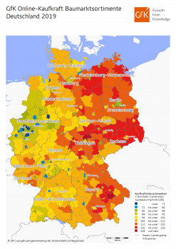 Die GfK-Karte ist eindeutig: Im östlichen Teil der Republik fließt mehr Geld in den Online-Handel mit Baumarktprodukten als im Westen.
