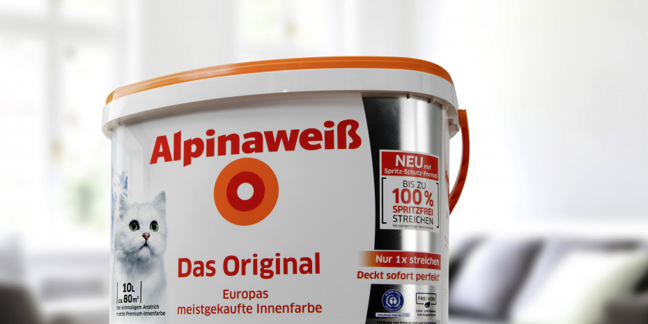 Das aktuelle Alpinaweiß Gebinde mit klarer Kommunikation der Produktvorteile