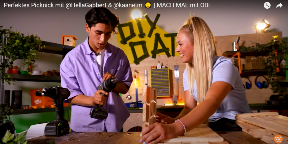 Obi arbeitet in seinem Youtube-Kanal „Mach‘ mal mit Obi“ mit Creatorinnen und Creatoren zusammen. Hier treffen sich Hella Gabbert und Kaan zum DIY-Date.