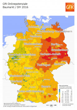 Die GfK-Online-Potenziale weisen für die Sortimentsgruppe Baumarkt/DIY hohe Werte in Regionen Ost- und Norddeutschlands aus.
