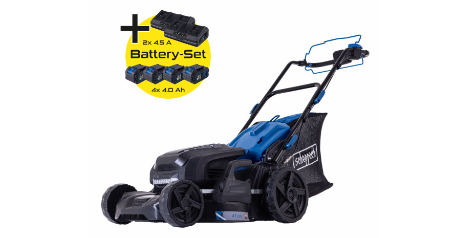 Wir verlosen einen ­Scheppach Akku-­Rasenmäher BC-MP470-X inklusive Battery-Set.