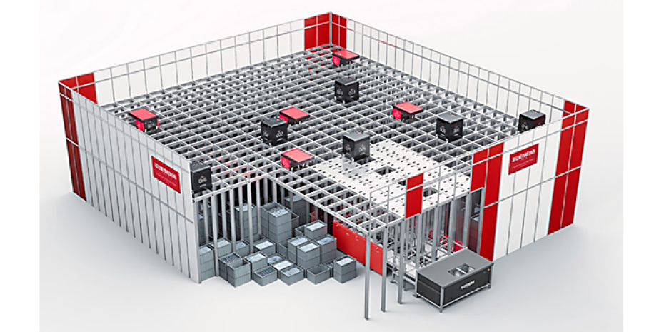 Im Auto-Store werden die Boxen mit den bevorrateten Produkten in einem Gitter 16-fach neben- und übereinander gestapelt. 20 autonome Roboter entnehmen die Boxen von oben.