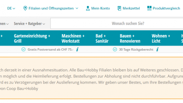 So weist Coop Bau + Hobby die Kunden auf die Schließungen hin.