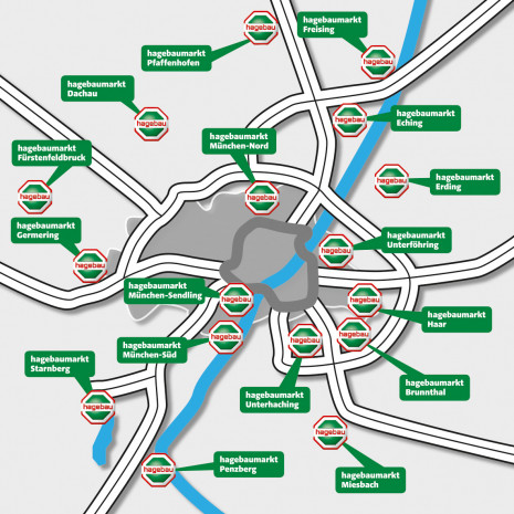 Die Standorte der HEV-Baumärkte in und um München.