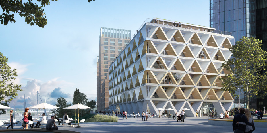 „The Cradle“ in Düsseldorf: Mit einem Kern aus Recycling-Beton, modular gefertigtem Holztragewerk und einer Holzfassade ist das Gebäude ein Leuchtturmprojekt.