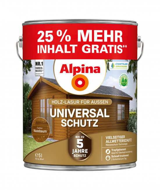 Alpina Universal-Schutz: Die klassische Allrounder-Lasur als 25-Prozent-Überfüller – 4 plus 1 Liter gratis.