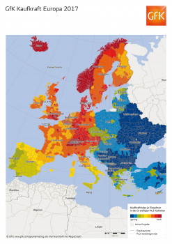 Die Karte der GfK macht es deutlich: Die Kaufkraft der Europäer schwankt von Land zu Land sehr stark.