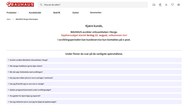 Auf seiner Website informiert Bauhaus in Norwegen bereits über die geplante Schließung der Märkte. Auf seiner Website informiert Bauhaus in Norwegen bereits über die geplante Schließung der Märkte.