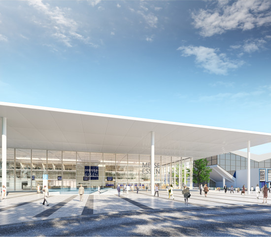 Das rund 2.000 m² große Glasfoyer im Eingangsbereich Ost erhält ein markantes Vordach.
Das rund 2.000 m² große Glasfoyer im Eingangsbereich Ost erhält ein markantes Vordach.