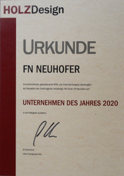 Das Fachmagazins Holzdesign hat FN Neuhofer zum „Unternehmen des Jahres 2020“ in der Kategorie Zulieferer gekürt.