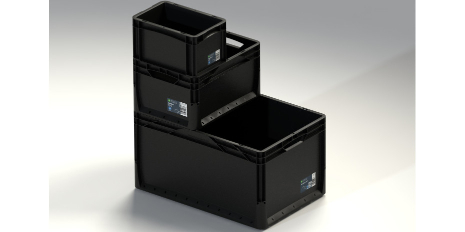 Die Eurobox ist modular stapelbar, aus Recyclingmaterial hergestellt und zertifiziert. 