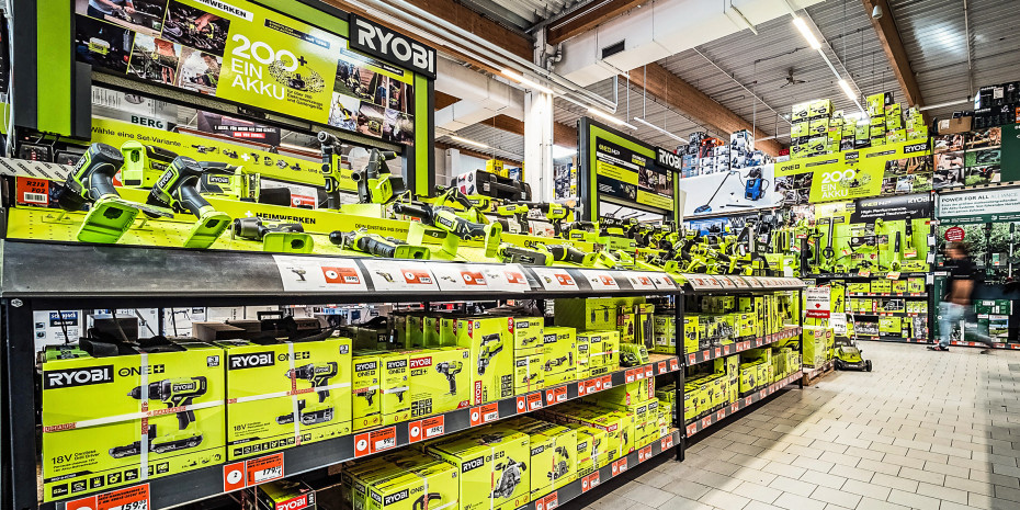 Ryobi greift auf der Fläche an und setzt mit professionellem Auftritt am POS bei Bauhaus neue Maßstäbe.