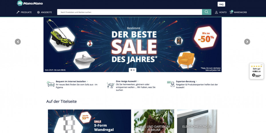 Screenshot der aktuellen deutschen Homepage von ManoMano. 