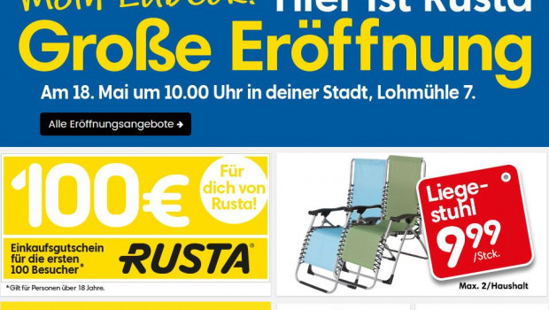 So bewirbt Rusta auf seiner deutschen Website die Neueröffnung in Lübeck.