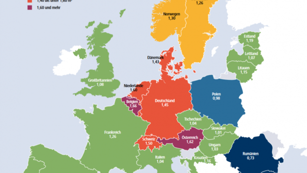 Ausschnitt aus dem neuen HDE-Zahlenspiegel 2019: Verkaufsfläche in Europa 2018. [Quelle: GfK Geomarketing]