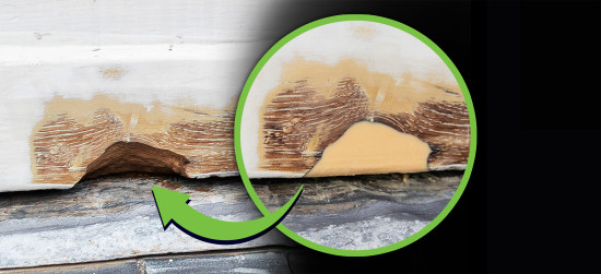 Ist das verfaulte Material beseitigt, kann das Loch mit der Spachtelmasse aufgefüllt werden. Ist das verfaulte Material beseitigt, kann das Loch mit der Spachtelmasse aufgefüllt werden.