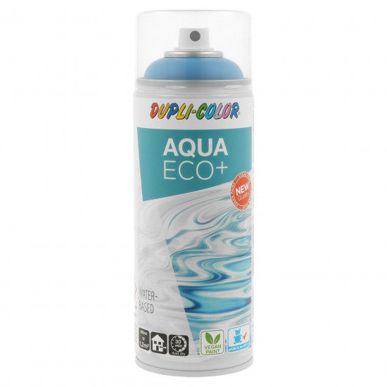 Piktogramme auf der Sprühflasche weisen auf die Vorteile  des Produkts hin. So eignet sich Dupli-Color Aqua Eco+ für den Einsatz im Kinderzimmer, ist  vegan und trocknet schnell. 